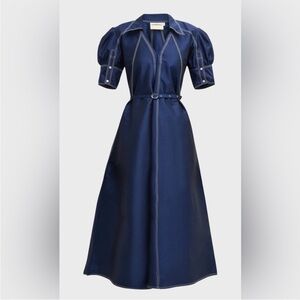 NWOT Lovebirds 100% Silk Contrast Topstitch Puff-Sleeve Midi Dress XL No Belt